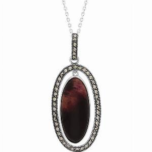 Sterling Silver Blue John Marcasite Double Oval Dangle Necklace