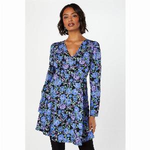 Womens Floral Shirred Shoulder Empire Long Sleeve Mini Dress  16