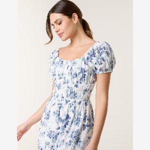 Puff Sleeve Shirred Print Dress  S  BLUEIVORY