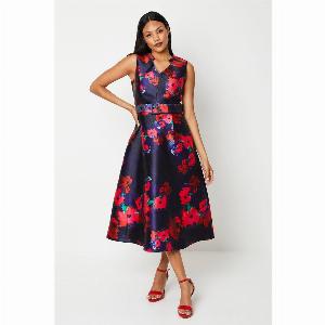 Printed Notch Neck Belted Twill Midi Dress  Black