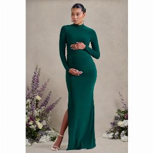 Alejandra  Green Maternity Long Sleeve High Neck Maxi Dress