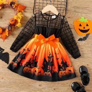 ToddlerKid Girl Halloween Pumpkin Print Mesh Dress