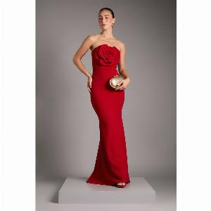 Bandeau Maxi Gown With Rose Corsage  Red