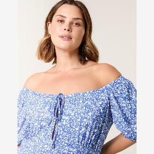 Curve Ditsy Print Milkmaid Stretch Crepe Midi Dress  2224  BRIGHT BLUE