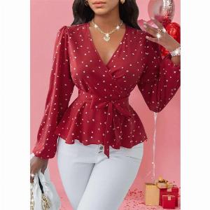 ROTITA Patchwork Heart Print Red V Neck Long Sleeve Blouse