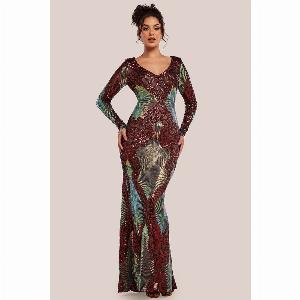 Get 14 Discount on Goddivas Wine Sequin Long Sleeve Maxi Dress