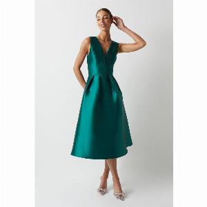 Plunge Neck Structured Twill Midi Bridesmaid Dress  Green