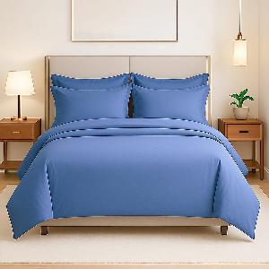 Hush Haven Set of 6 Cotton Solid Colour Duvet Cover Set 4 Pillowcases  1 Duvet Cover  1 Fitted Sheet Size 225x220cm  Blue