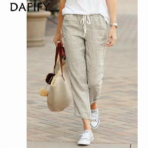 Pantalon Capri en coton et lin pour femme couleur unie ample décontracté taille élastique coupe slim cordon de serrage poches XL vert