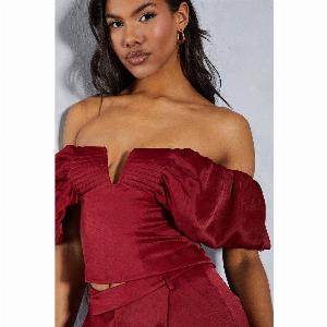 Womens Textured Satin Pleated Bust Frill Bardot Top  berry  16 Berry