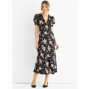 Black Floral Lace Trim Bias Midi Dress