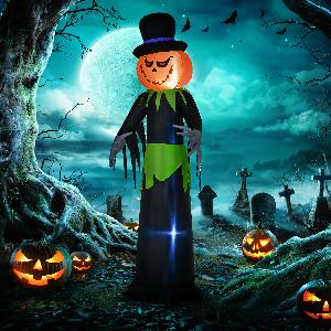 Outsunny 8FT Tall Halloween Inflatable Pumpkin Ghost in A Hat BlowUp Outdoor Halloween Decoration with LED Lights for Party   Aosom UK