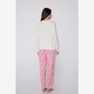 Tezenis Pyjama Long Coton Empiècement Croissant Femme Ivoire Taille M