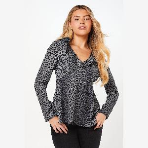 Womens Black Animal Ruffle Neck Long Sleeve Button Front Tea Blouse