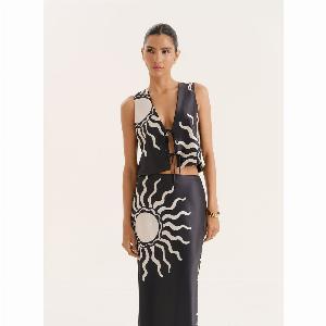 Black Sun Print Satin Tie Top Lula