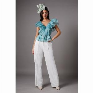 Frill Texture Organza Peplum Top  Aqua