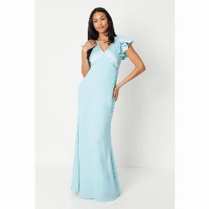V Neck Ruffle Sleeve Maxi Dress  Aqua