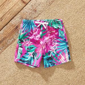 Family Matching Swimsuits Tropical Pink Leaf Print Halter OnePiece Swimwear or Swim Trunks Set