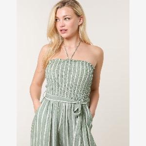 Shirred Tie Neck Jumpsuit  ML  LIGHT KHAKI