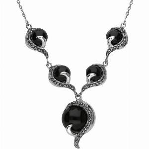 Sterling Silver Whitby Jet and Marcasite 5 Stone Swirl Necklace
