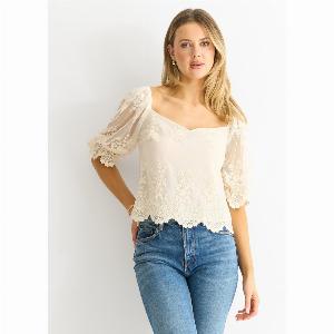 White Embroidered Lace Scallop Blouse