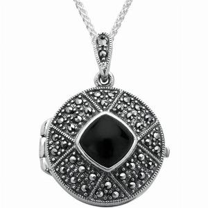 Sterling Silver Whitby Jet Marcasite Cushion Patterned Locket