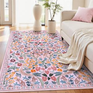 Claude Washable Maximalism Vibrant Blossom Floral Pink Rug  3 x 5