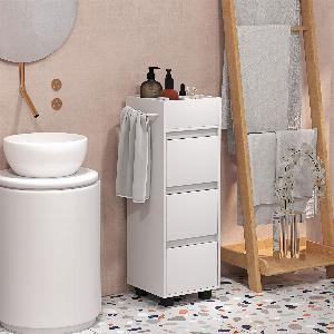 HOMCOM Meuble de rangement pour salle de bain avec 4 compartiments 3 tiroirs et porteserviettes dim 35 x 30 x 90 cm blanc