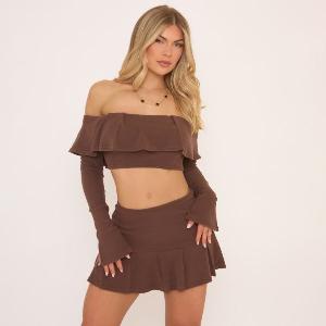 Long Sleeve Bardot Frill Detail Crop Top In Brown Womens Size UK 8