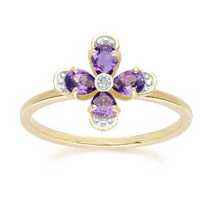 Floral Amethyst Diamond Ring in 9ct Yellow Gold