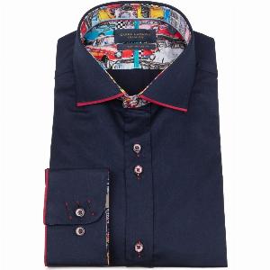 Santoro Milan Navy Long Sleeve Vibrant Solid Colour Detail Shirt