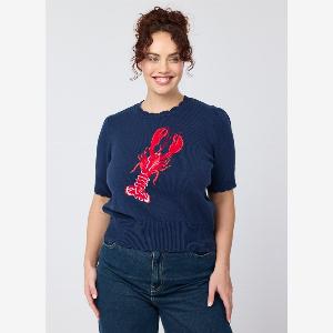 Joanie Clothing Clare Lobster Intarsia Scalloped Short Sleeve Knitted Top  Extra Extra Large UK 2426   Sustainable Organic Cotton Navy