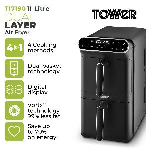 Tower T17190 Vortx 11L Dual Layer Air Fryer Black with Chrome Trim