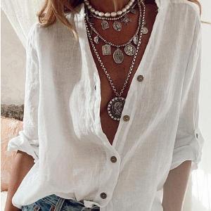 Chemise à manches longues en coton et lin pour femmes couleur unie col rabattu hauts amples surdimensionnés printemps automne S blanc