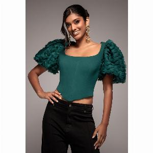 Get 13 Off Goddiva Emerald Green 3D Textured Sleeve Corset Top