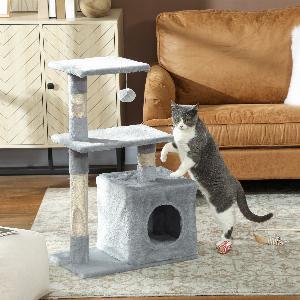 PawHut Arbre à chat tour de jeux pour chats poteaux en sisal 2 plateforme niche balle tissu peluche 50x30x815cm gris