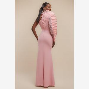 Goddiva One Shoulder Organza  Fan Detail Lace Bodice Maxi Dress  Blush Pink