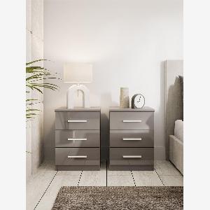 Enjoy 28 Discount on Grey Prague Gloss 3 Drawer Bedside Chests Pair