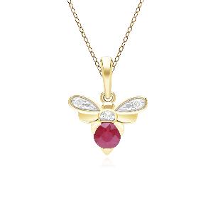Honeycomb Inspired Ruby and Diamond Bee Pendant Necklace in 9ct Yellow Gold