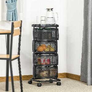HOMCOM Resserre 4 paniers rotatifs sur roues chariot à légumes et fruits plateau étagère en fil dacier 33x33x77cm noir