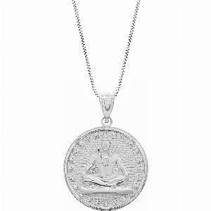 Lord Shiva Meditation Coin Medallion Pendant Necklace in 9ct White Gold