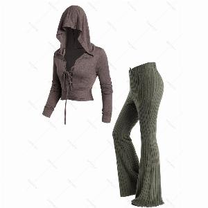 Long Sleeve Knotted Top and Button Detail Pants Set in Solid Color