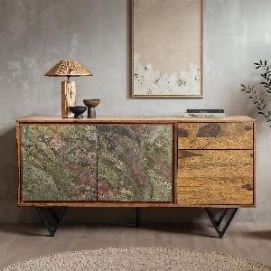 FineBuy Sideboard Sheesham Massivholz 150x40x55 cm Kommode mit 2 Türen  3 Schubladen Stauraum Anrichte mit Fronten in 3D Steinoptik Design Möbel Wohnzimmer Esszimmer