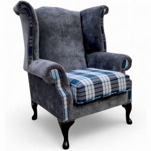 Chesterfield Saxon Queen Anne Wing Chair High Back Armchair Kintyre Teal Check And Slate Grey Fabric Fabric