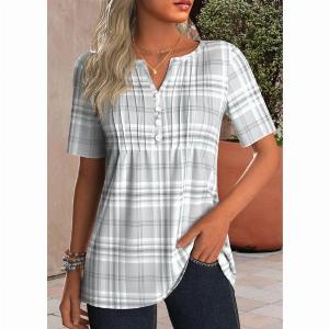 ROTITA Tuck Stitch Plaid Grey Split Neck T Shirt