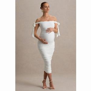 Chandelier  White Bardot Maternity Midi Dress With Bow Details