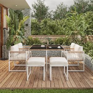 Ensemble table et chaise de jardin 7 pièces avec table en verre trempé rotin tressé coussins de siège pour 6 personnes NaturelBlanc   Aosom France