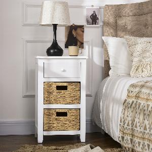HOMCOM Table dappoint Bout de canapé Chevet avec 1 tiroir et 2 paniers amovibles naturels effet rotin et MDF blanc