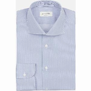 Light Blue Striped Cotton Twill Shirt with High Spread Collar and Buttons