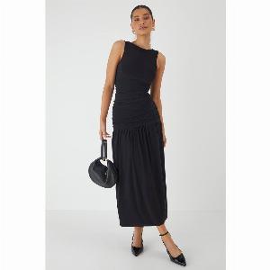 Womens Ruched Slash Neck Maxi Dress  black  8 Black